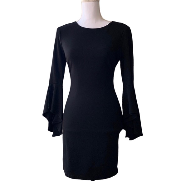 LULU’S GIMME SOME FLAIR BLACK FLOUNCE SLEEVE BODYCON DRESS - Picture 15 of 16